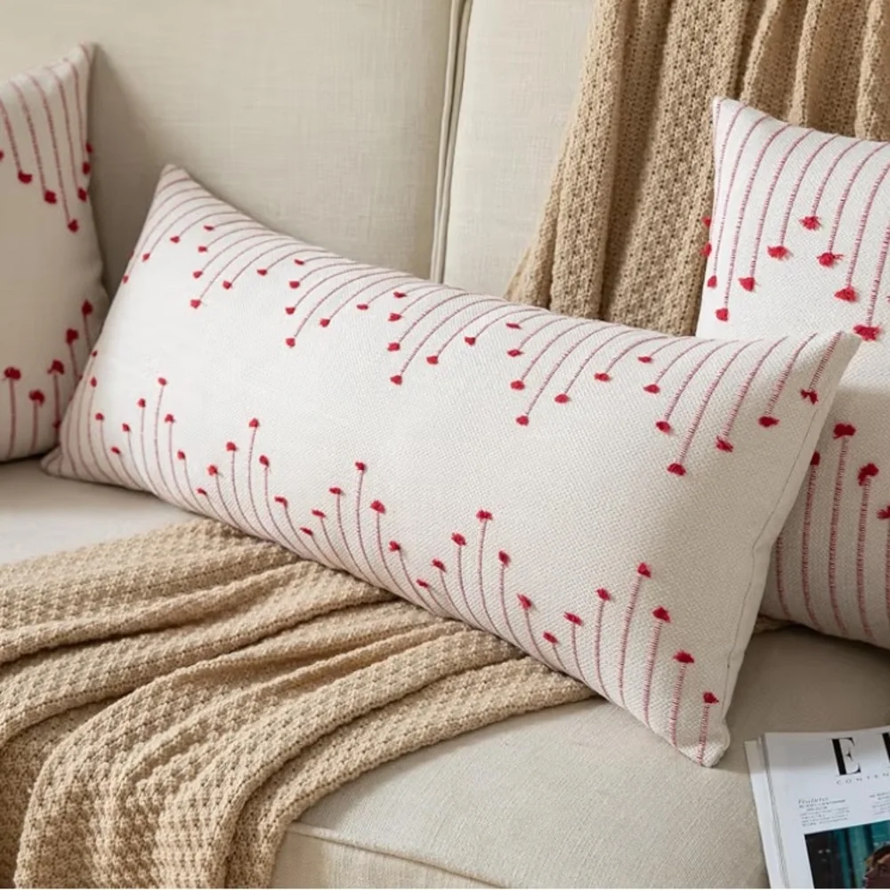Christmas Modern Farmhouse Pillow Cover LUMBAR Rectangular Red/Beige 14x36”